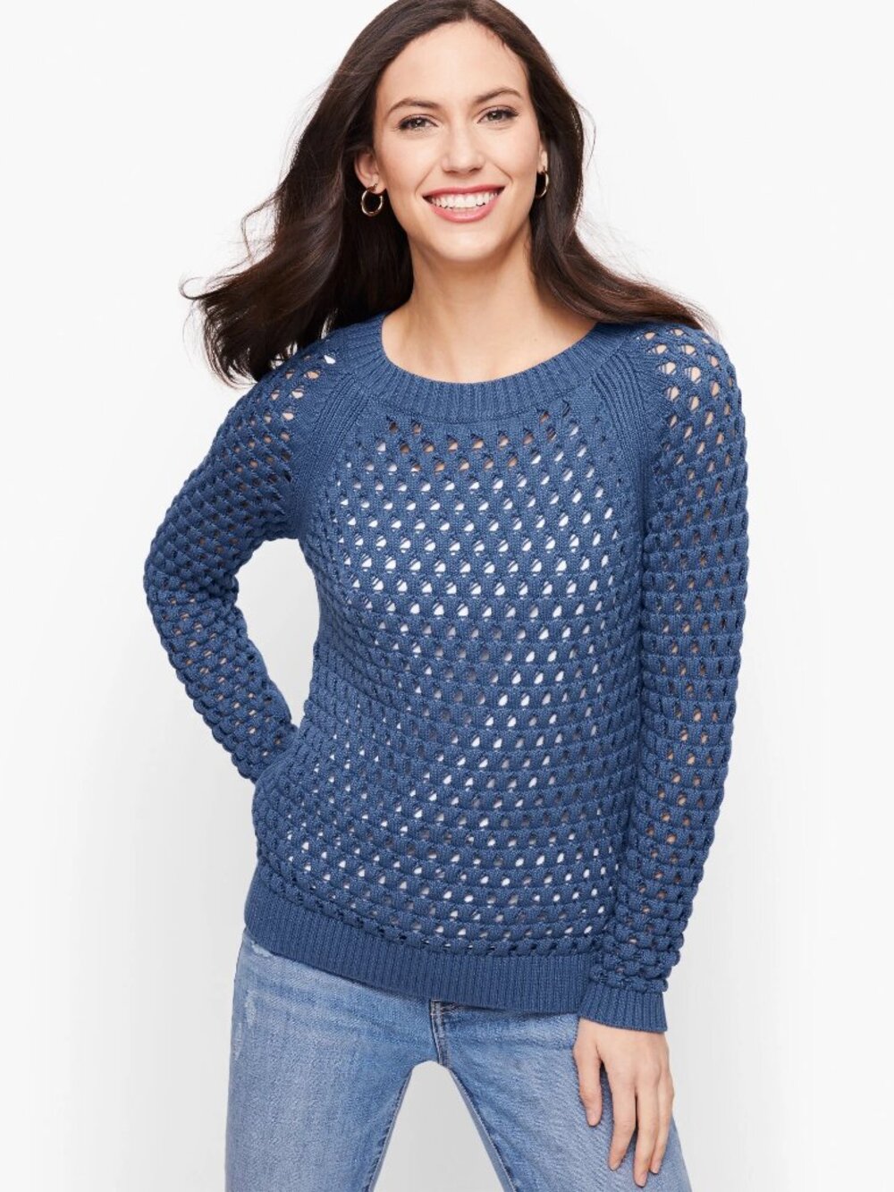 Talbots Bateau Neck Open Stitch Blue Sweater Size XS